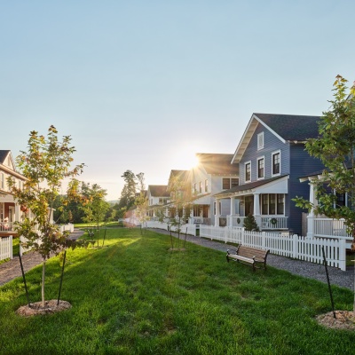 Linear park bordered by homes